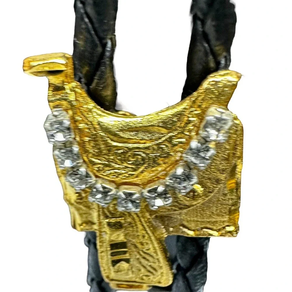 GOLD HORSE SADDLE WITH RHINESTONE RODEO‎ COWBOY BOLOTIE WESTERN BOLO TIE